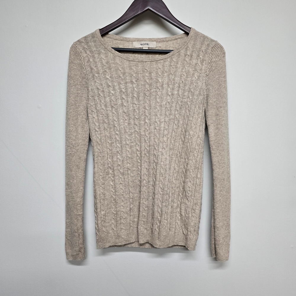 LOFT Cable Knit Sweater Womens L Beige 100% Cashmere Long Sleeve Crew Neck